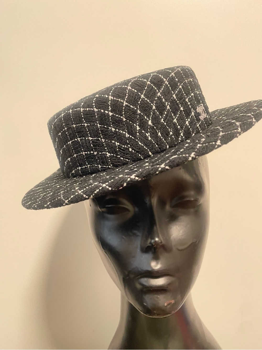 CHANEL Black Tweed Bowler with White Grid Stitching and Clear CC Pin
